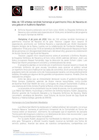 Tesoros. Legado lírico navarro reunirá a más de 100 artistas en una gala lírica navarra en Barañáin