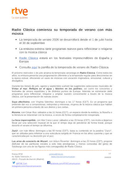 Radio Clásica presenta su temporada de verano 2026 con siete programas nuevos