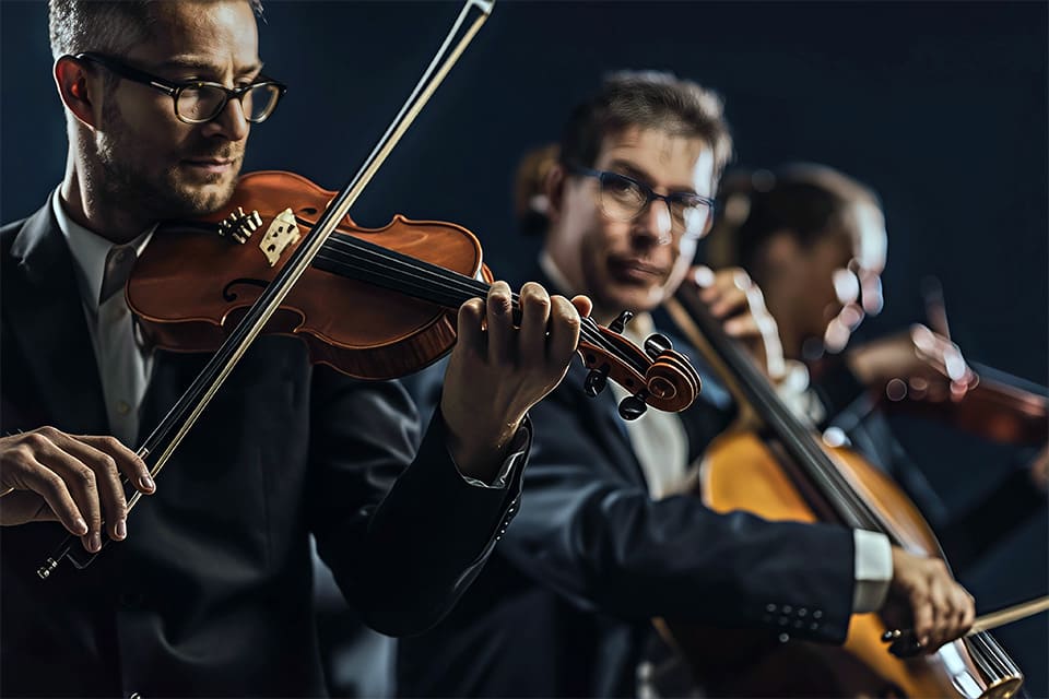 Músicos de cuerda tocando juntos y atentos entre sí durante una interpretación.