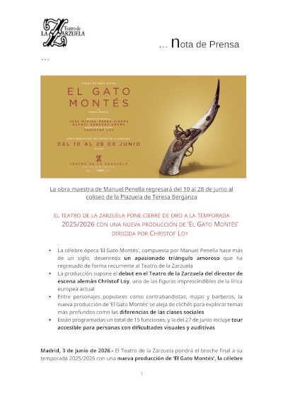 El Gato Montés regresa al Teatro de la Zarzuela en una nueva producción dirigida por Christof Loy