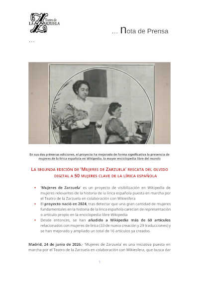 Mujeres de Zarzuela y Wikiesfera recuperan la memoria digital de la lírica española Mujeres de Zarzuela y Wikiesfera recuperan la memoria digital de la lírica española