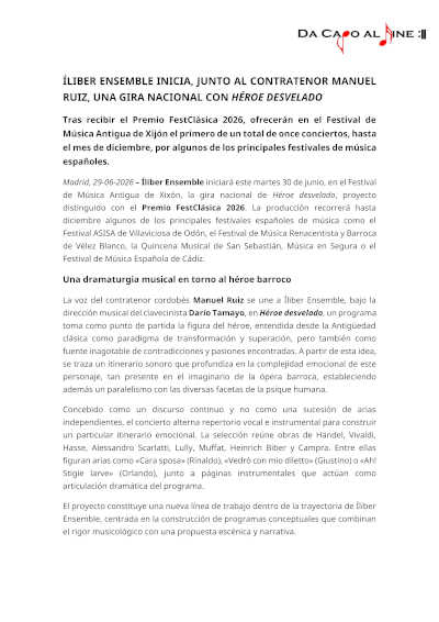 Íliber Ensemble y Manuel Ruiz inician la gira de Héroe desvelado