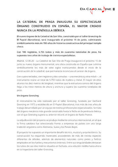 La Catedral de Praga inaugura un órgano monumental construido en España La Catedral de Praga inaugura un órgano monumental construido en España