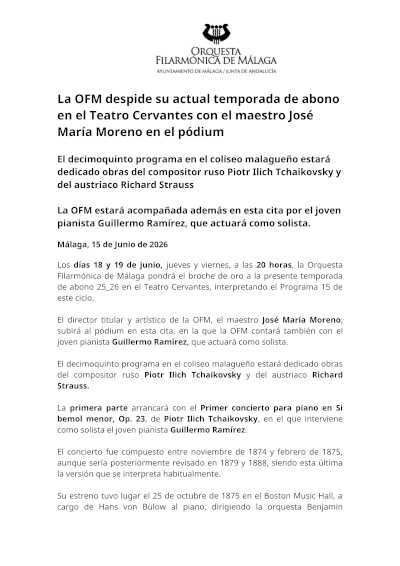 La OFM cierra su temporada con Tchaikovsky y Richard Strauss La OFM cierra su temporada con Tchaikovsky y Richard Strauss