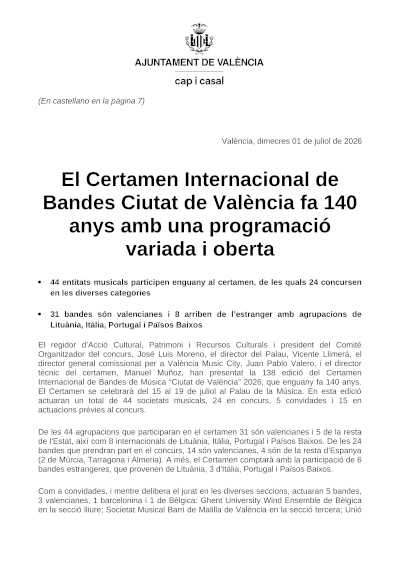 El Certamen Internacional de Bandas Ciutat de València 2026 cumple 140 años El Certamen Internacional de Bandas Ciutat de València 2026 cumple 140 años
