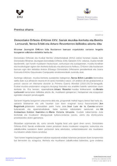 El Premio Orfeón Donostiarra–EHU distingue a Nerea Erbiti, Benito Lertxundi y Arturo Reverter El Premio Orfeón Donostiarra–EHU distingue a Nerea Erbiti, Benito Lertxundi y Arturo Reverter