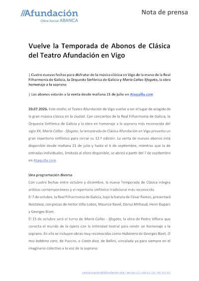 Afundación presenta la nueva Temporada de Abonos de Clásica 2026-2027 en Vigo