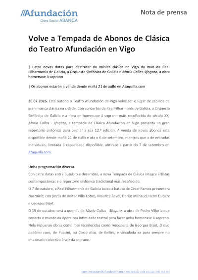 Afundación presenta la nueva Temporada de Abonos de Clásica 2026-2027 en Vigo