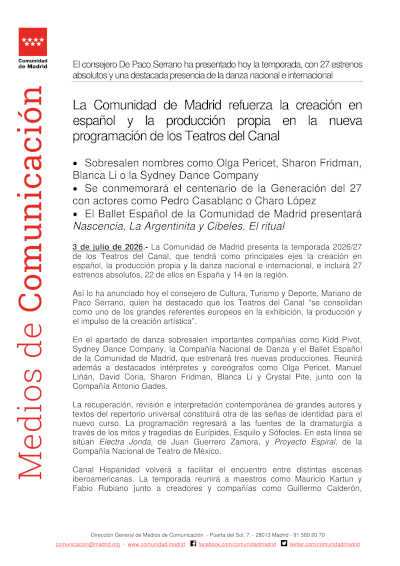Teatros del Canal presenta su temporada 2026/27 con 27 estrenos, danza internacional y música del barroco a la electrónica Teatros del Canal presenta su temporada 2026/27 con 27 estrenos, danza internacional y música del barroco a la electrónica