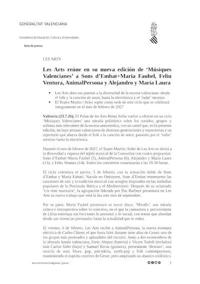 Les Arts presenta Músiques Valencianes 2027 con Feliu Ventura, AnimalPersona y Sons d’Embat Les Arts presenta Músiques Valencianes 2027 con Feliu Ventura, AnimalPersona y Sons d’Embat
