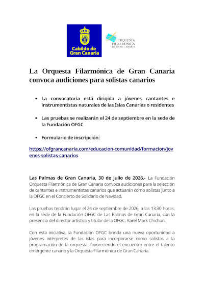 La OFGC convoca audiciones para jóvenes solistas canarios La OFGC convoca audiciones para jóvenes solistas canarios
