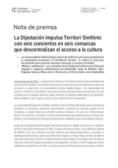 Territori Simfònic: conciertos gratuitos en seis comarcas valencianas Territori Simfònic: conciertos gratuitos en seis comarcas valencianas
