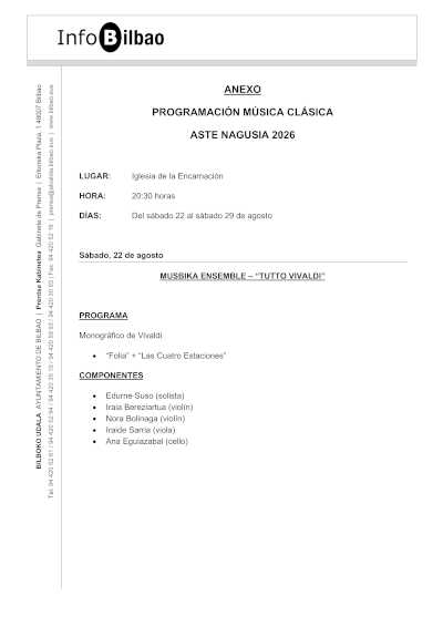 Ciclo de Música Clásica de la Encarnación en Aste Nagusia 2026 Ciclo de Música Clásica de la Encarnación en Aste Nagusia 2026