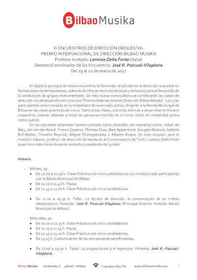 Bilbao Musika convoca el XI Premio Internacional de Dirección con José R. Pascual-Vilaplana Bilbao Musika convoca el XI Premio Internacional de Dirección con José R. Pascual-Vilaplana