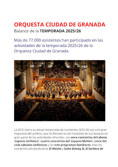 La Orquesta Ciudad de Granada supera los 77.000 asistentes en la temporada 2025/26