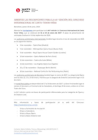 Abiertas las inscripciones para la 64.ª edición del Concurso Internacional de Canto Tenor Viñas Abiertas las inscripciones para la 64.ª edición del Concurso Internacional de Canto Tenor Viñas