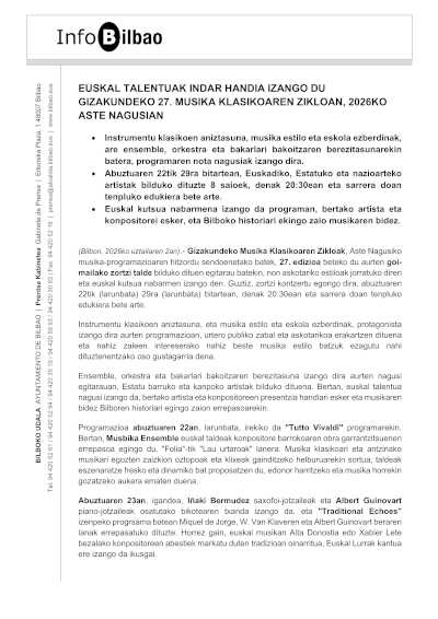 Ciclo de Música Clásica de la Encarnación en Aste Nagusia 2026 Ciclo de Música Clásica de la Encarnación en Aste Nagusia 2026