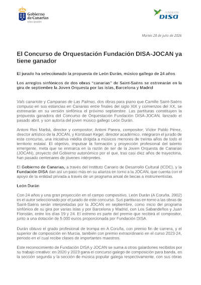 León Durán gana el Concurso de Orquestación Fundación DISA-JOCAN León Durán gana el Concurso de Orquestación Fundación DISA-JOCAN