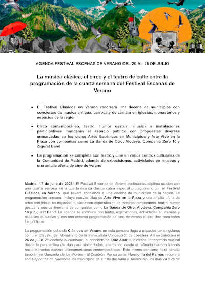 Clásicos en Verano llevará conciertos a diez municipios de Madrid del 20 al 26 de julio Clásicos en Verano llevará conciertos a diez municipios de Madrid del 20 al 26 de julio