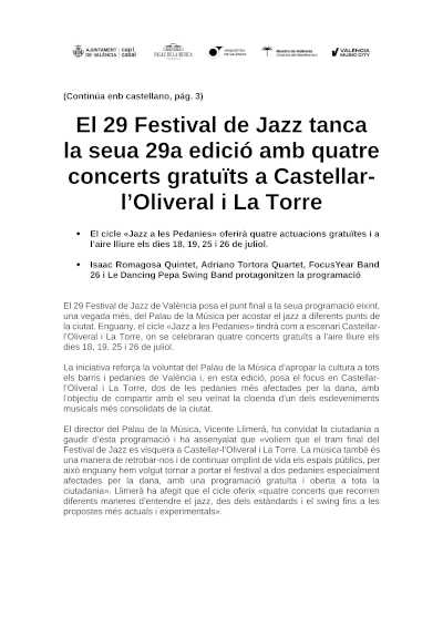 Festival de Jazz de València cierra su 29.ª edición con cuatro conciertos gratuitos en las pedanías Festival de Jazz de València cierra su 29.ª edición con cuatro conciertos gratuitos en las pedanías