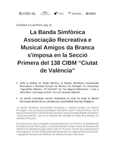 Amigos da Branca gana la Sección Primera del 138 CIBM de València Amigos da Branca gana la Sección Primera del 138 CIBM de València