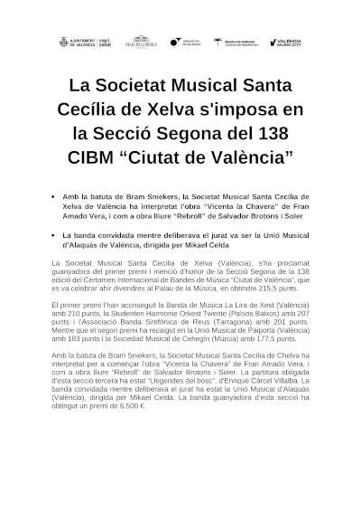 Sociedad Musical Santa Cecília de Chelva gana la Sección Segunda del 138 CIBM de València Sociedad Musical Santa Cecília de Chelva gana la Sección Segunda del 138 CIBM de València