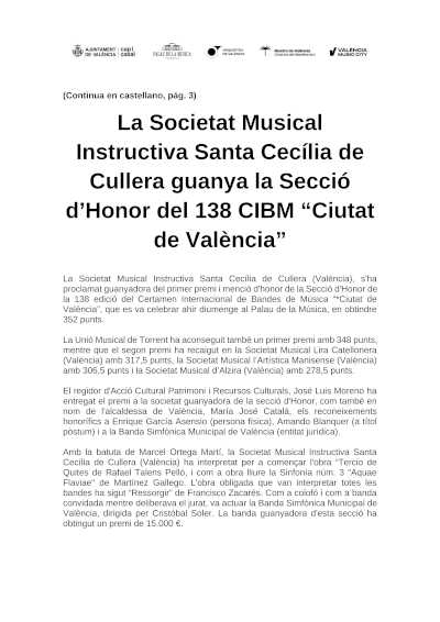 Santa Cecília de Cullera gana la Sección de Honor del 138 CIBM de València Santa Cecília de Cullera gana la Sección de Honor del 138 CIBM de València