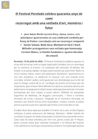 El Festival Peralada conmemora cuatro décadas de excelencia artística El Festival Peralada conmemora cuatro décadas de excelencia artística