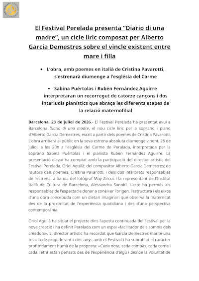 El Festival Peralada estrena Diario di una madre de Alberto García Demestres El Festival Peralada estrena Diario di una madre de Alberto García Demestres