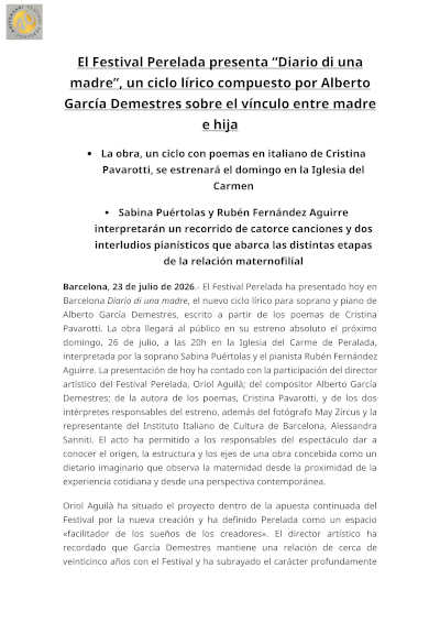 El Festival Peralada estrena Diario di una madre de Alberto García Demestres El Festival Peralada estrena Diario di una madre de Alberto García Demestres