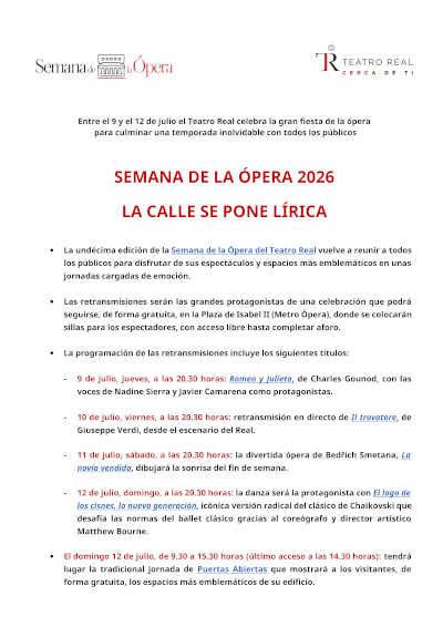 Semana de la Ópera 2026: retransmisiones gratuitas del Teatro Real Semana de la Ópera 2026: retransmisiones gratuitas del Teatro Real