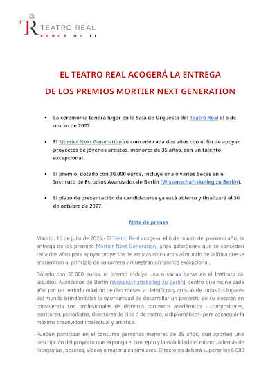 El Teatro Real acogerá los Premios Mortier Next Generation 2027 El Teatro Real acogerá los Premios Mortier Next Generation 2027
