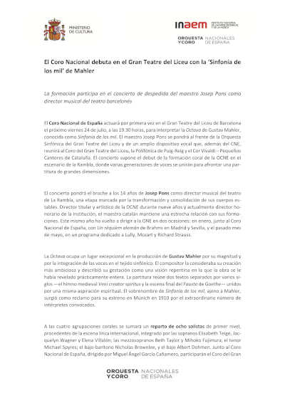 El Coro Nacional debuta en el Liceu con la ‘Sinfonía de los mil’ de Mahler El Coro Nacional debuta en el Liceu con la ‘Sinfonía de los mil’ de Mahler