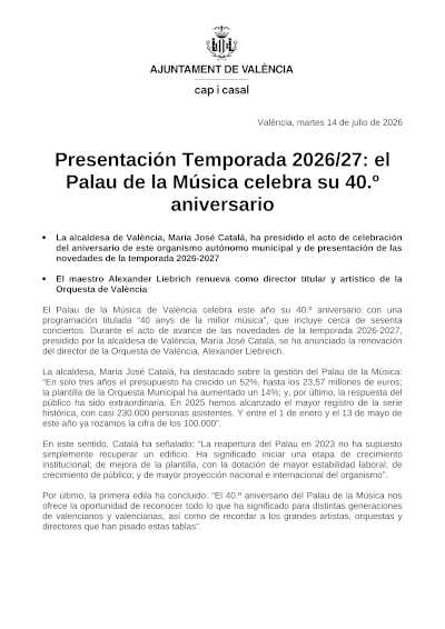 El Palau de la Música de València celebra 40 años con su temporada 2026/27 El Palau de la Música de València celebra 40 años con su temporada 2026/27