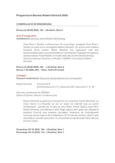 La Biennal Robert Gerhard reunirá en Barcelona conciertos, estrenos y conferencias La Biennal Robert Gerhard reunirá en Barcelona conciertos, estrenos y conferencias