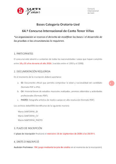 Abiertas las inscripciones para la 64.ª edición del Concurso Internacional de Canto Tenor Viñas Abiertas las inscripciones para la 64.ª edición del Concurso Internacional de Canto Tenor Viñas
