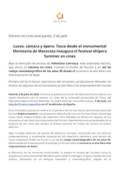 Tosca inaugura el Festival óh!pera Summer en cines con Versión Digital Tosca inaugura el Festival óh!pera Summer en cines con Versión Digital