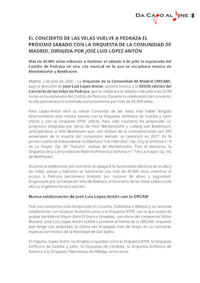 Concierto de las Velas de Pedraza 2026 con José Luis López Antón, la ORCAM y Beethoven Concierto de las Velas de Pedraza 2026 con José Luis López Antón, la ORCAM y Beethoven
