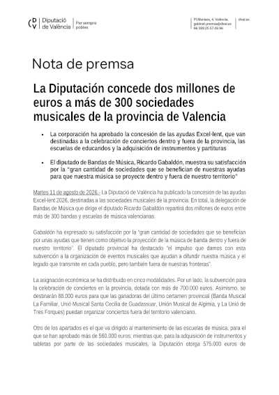 La Diputación de Valencia destina 2 millones a más de 300 sociedades musicales La Diputación de Valencia destina 2 millones a más de 300 sociedades musicales