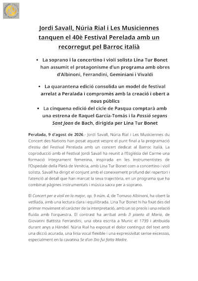 Festival Peralada 2026 cierra su 40ª edición con Jordi Savall y un 96,4% de ocupación Festival Peralada 2026 cierra su 40ª edición con Jordi Savall y un 96,4% de ocupación
