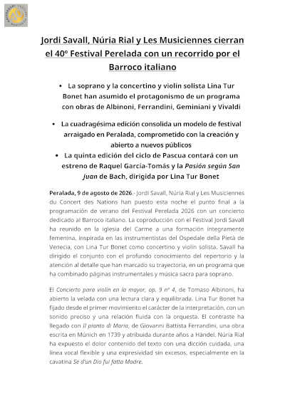 Festival Peralada 2026 cierra su 40ª edición con Jordi Savall y un 96,4% de ocupación Festival Peralada 2026 cierra su 40ª edición con Jordi Savall y un 96,4% de ocupación