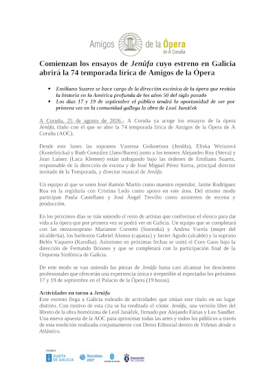 Comienzan en A Coruña los ensayos de Jenůfa, estreno gallego de Janáček Comienzan en A Coruña los ensayos de Jenůfa, estreno gallego de Janáček
