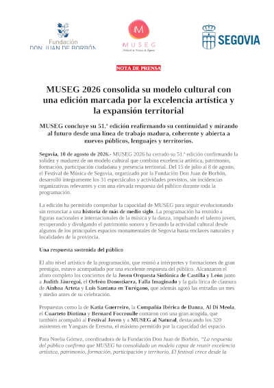 MUSEG 2026 cierra su 51.ª edición con aforos completos y expansión por Segovia MUSEG 2026 cierra su 51.ª edición con aforos completos y expansión por Segovia