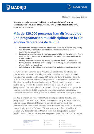 Veranos de la Villa cierra su 42ª edición con más de 120.000 asistentes Veranos de la Villa cierra su 42ª edición con más de 120.000 asistentes