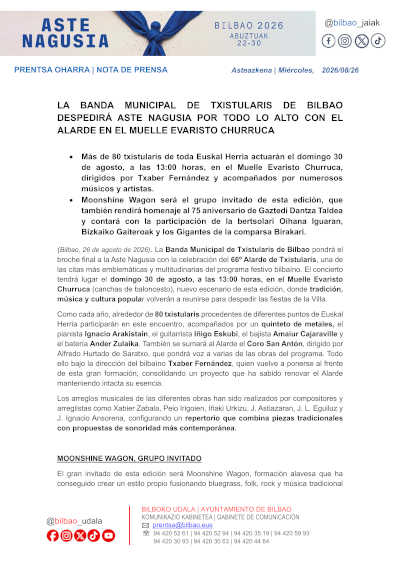 Bilbao despide Aste Nagusia con el 66.º Alarde de Txistularis Bilbao despide Aste Nagusia con el 66.º Alarde de Txistularis