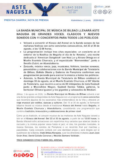 La Banda Municipal de Música de Bilbao ofrecerá 11 conciertos en Aste Nagusia 2026 La Banda Municipal de Música de Bilbao ofrecerá 11 conciertos en Aste Nagusia 2026