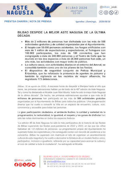 Aste Nagusia de Bilbao supera los 240.000 asistentes en conciertos Aste Nagusia de Bilbao supera los 240.000 asistentes en conciertos