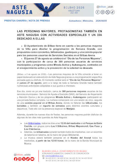 Bilbainadas, verbenas y guateques para las personas mayores en Aste Nagusia 2026 Bilbainadas, verbenas y guateques para las personas mayores en Aste Nagusia 2026