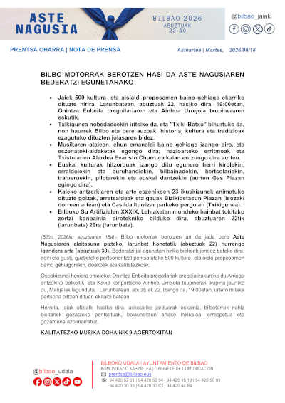 Aste Nagusia 2026: más de 100 conciertos y música en nueve escenarios de Bilbao