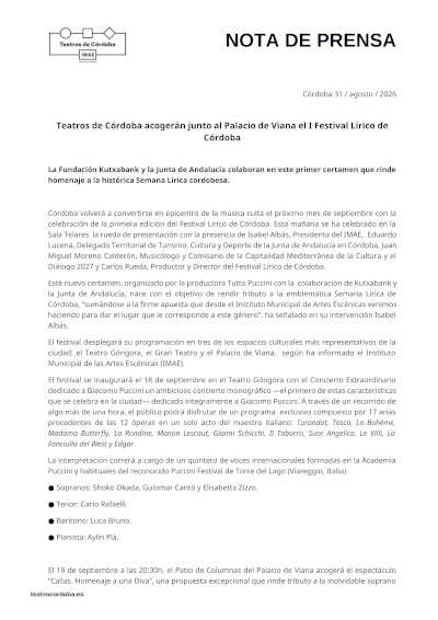 Córdoba celebra en septiembre su I Festival Lírico con Puccini, María Callas y una Gran Gala de Ópera Córdoba celebra en septiembre su I Festival Lírico con Puccini, María Callas y una Gran Gala de Ópera